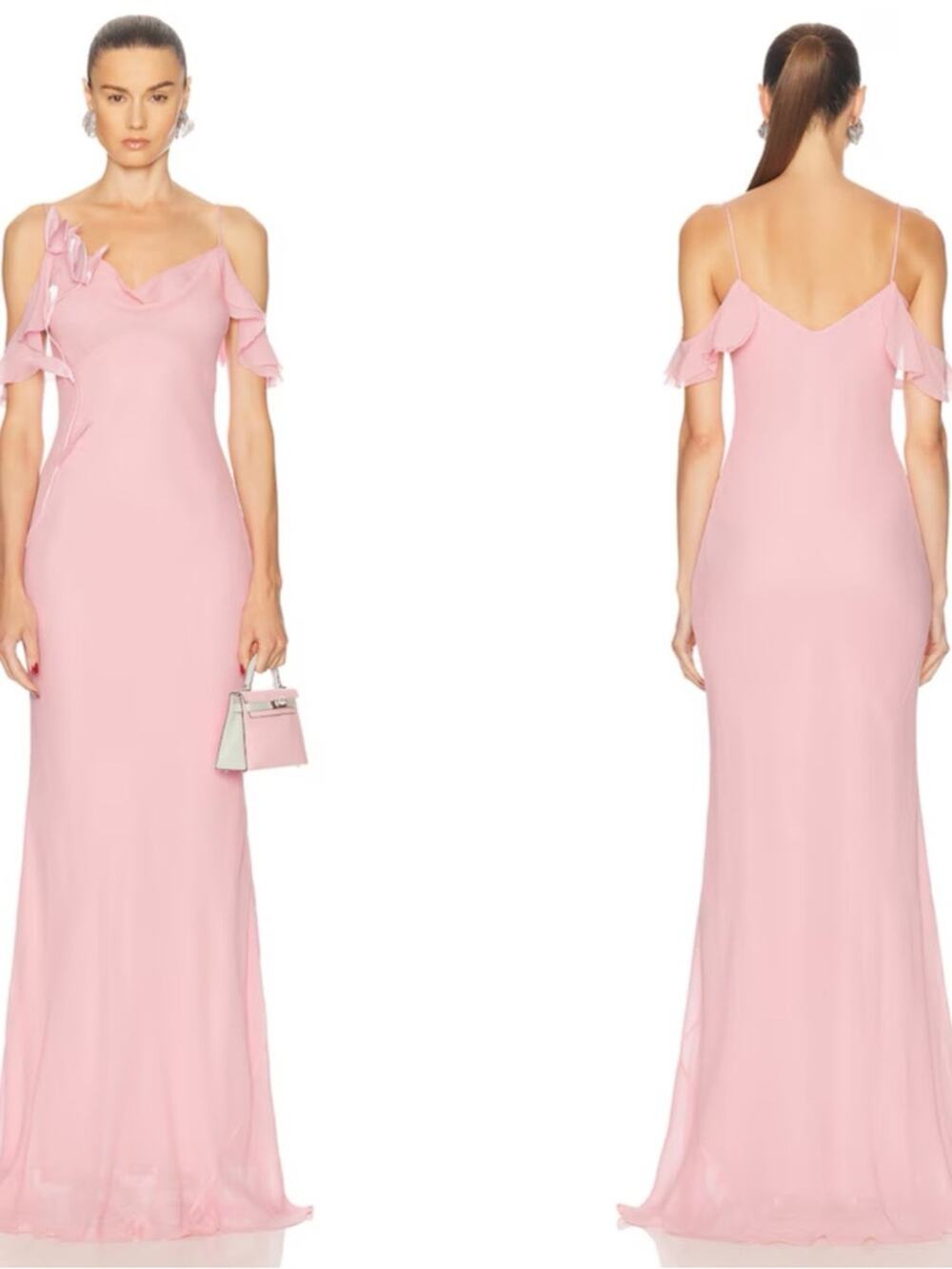 SELF-PORTRAIT Georgette Flower Appliqué  Ruffle Pink Maxi Dress Size 4